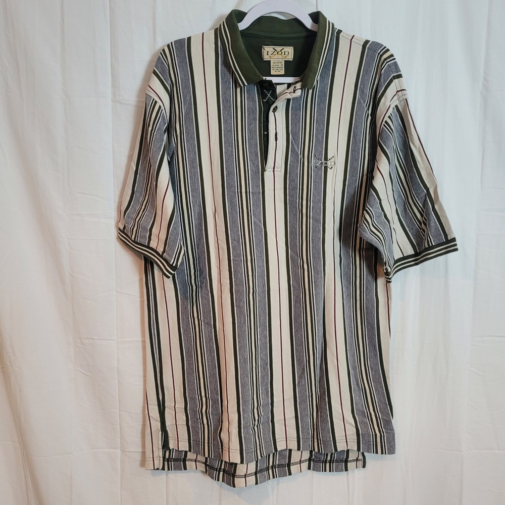 IZOD Mens XL Vertical Stripe Pique Polo Shirt Green Navy Burgundy Cotton Vintage